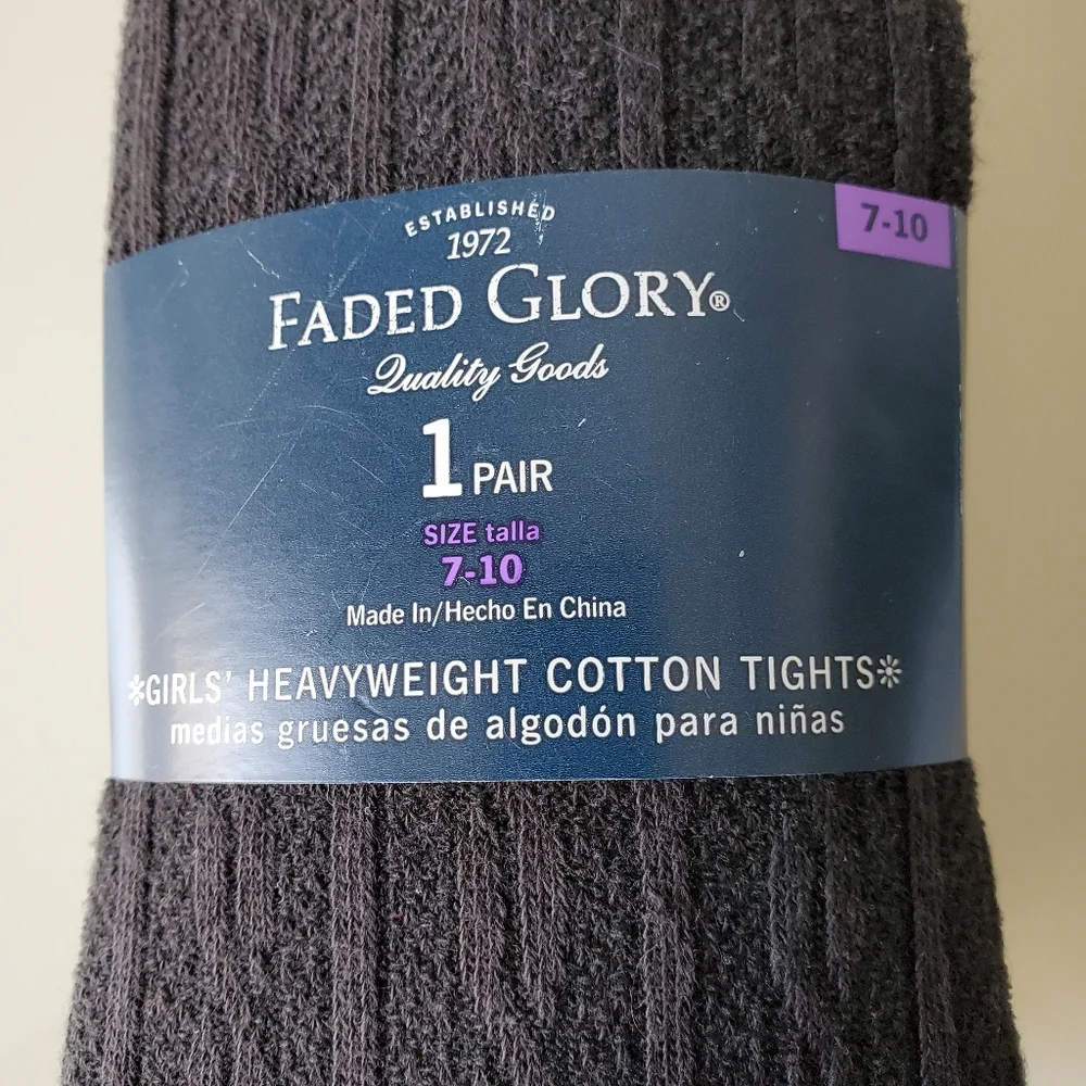 NWT Faded Glory Girls Gray Heavyweight Cotton Tights, Size 7-10